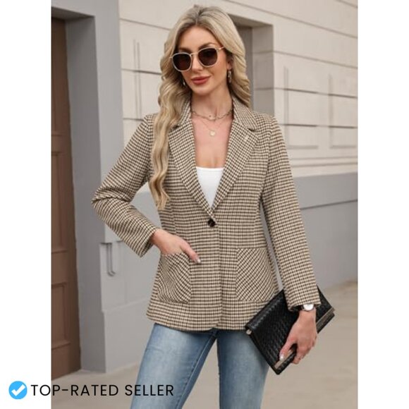 Plaid Blazer with Embroidered Collar Houndstooth Business Casual Office Jacket - Picture 5 of 7